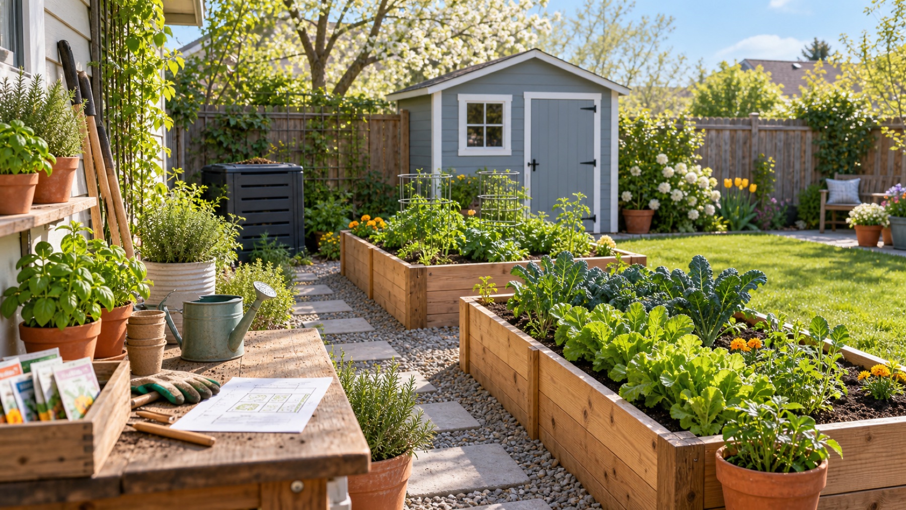 Tidy home compost bin beside raised vegetable beds