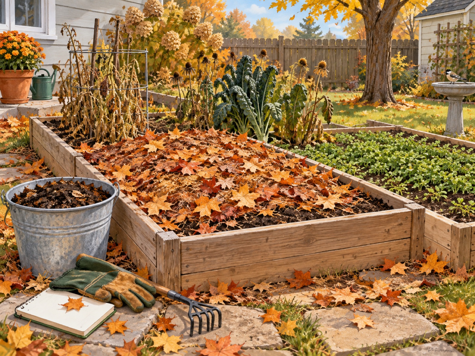 Autumn leaves covering one raised garden bed beside a second bed planted with a green cover crop